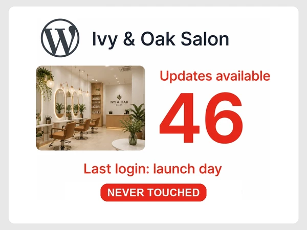 Ivy & Oak Salon WordPress dashboard shows 46 updates available and its last login was launch day.