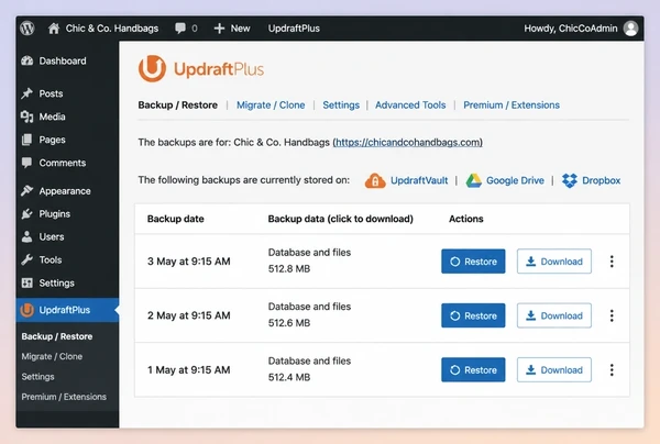 An UpdraftPlus screen for a handbag brand website listing three dated backups with restore buttons