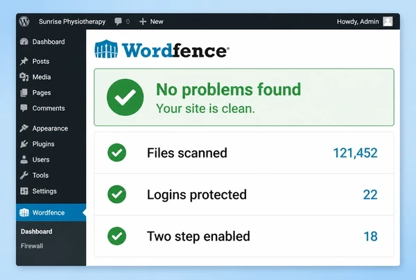 A Wordfence scan for a physiotherapy practice website showing a clean result and three checked items