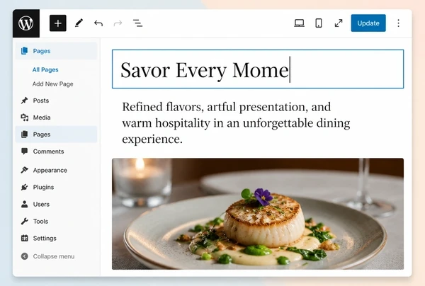 A WordPress editor open on a fine dining restaurant page with a heading, a paragraph and an image block