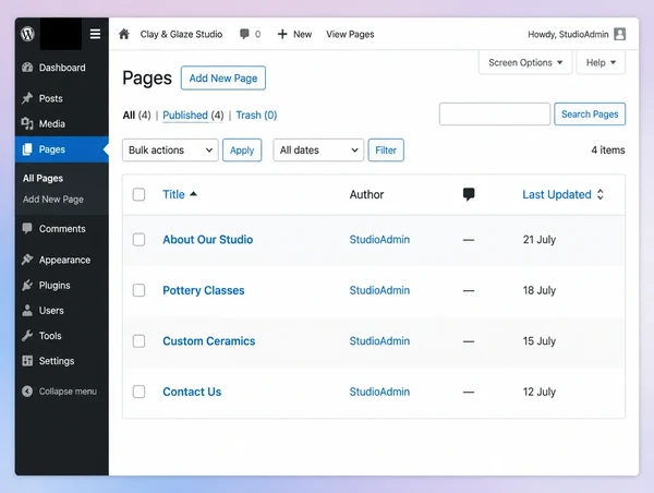 A WordPress pages list for a ceramics studio website showing four pages and when each was last updated
