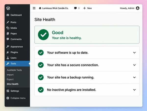 A WordPress site health screen for a candle maker website showing a good status and four ticks