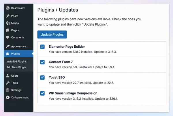 A WordPress updates screen for a nail studio website with four plugins ticked for update
