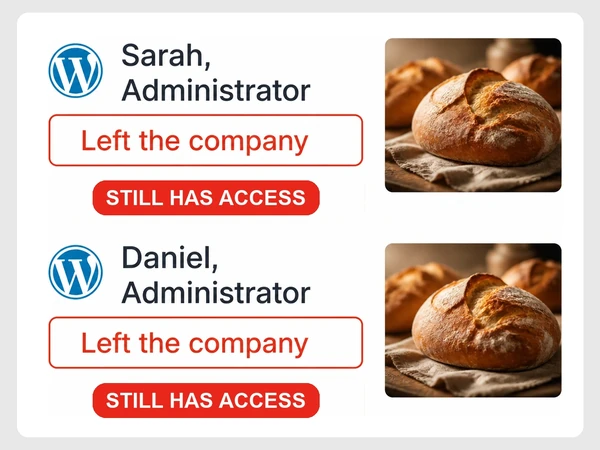 Golden Crust Bakery WordPress users table gives former staff Sarah and Daniel administrator access.