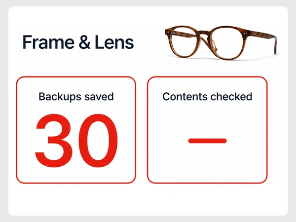 Frame & Lens backup report shows 30 backups saved but leaves Contents checked as a red dash.