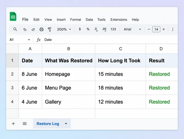 A Google Sheets restore test log for an artisan bakery website with three dated successful tests