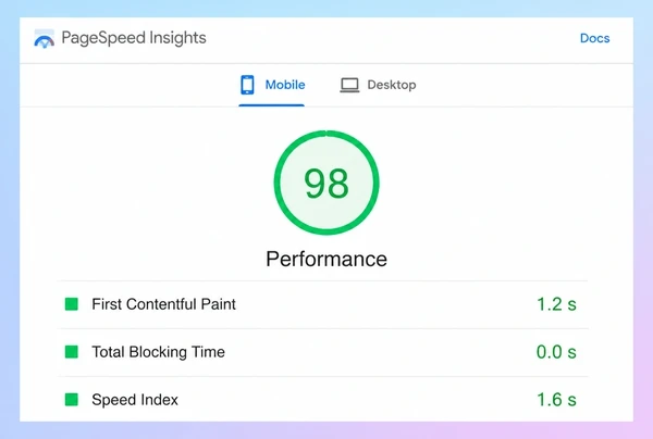 A PageSpeed Insights mobile report for a tea house page with a green score and three timings