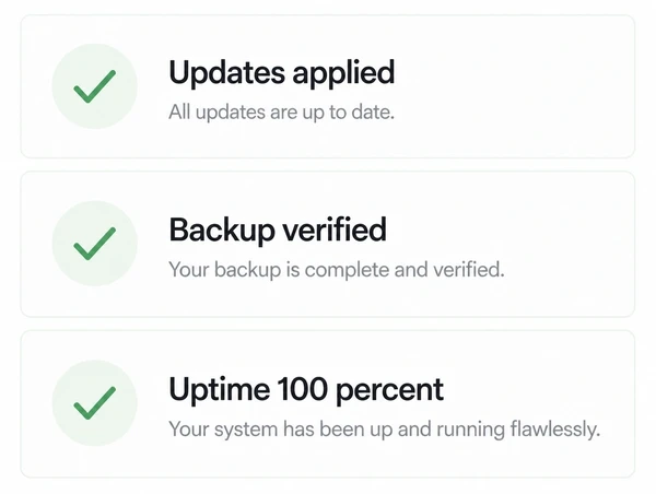 Website care status panel showing updates applied, backup verified and full uptime