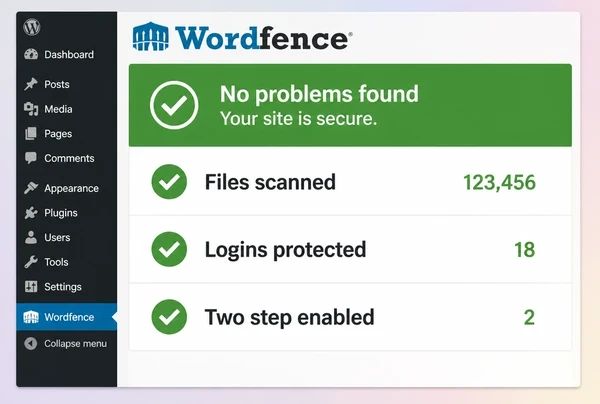 A Wordfence scan for a skincare brand website showing a clean result and three checked items
