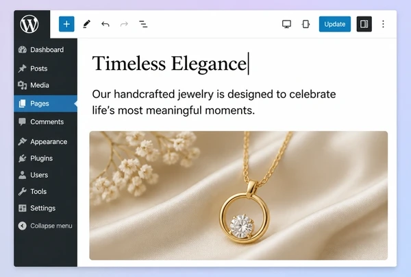 A WordPress editor open on a jewellery boutique page with a heading, a paragraph and an image block