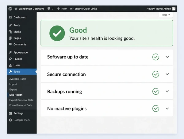 A WordPress site health screen for a travel website showing a good status and four ticks