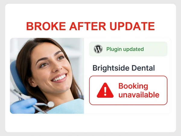 Brightside Dental WordPress update succeeds while its live booking section says Booking unavailable.