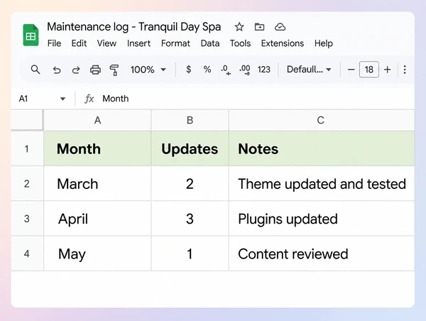 A Google Sheets maintenance log with three months, each showing updates made and a short note