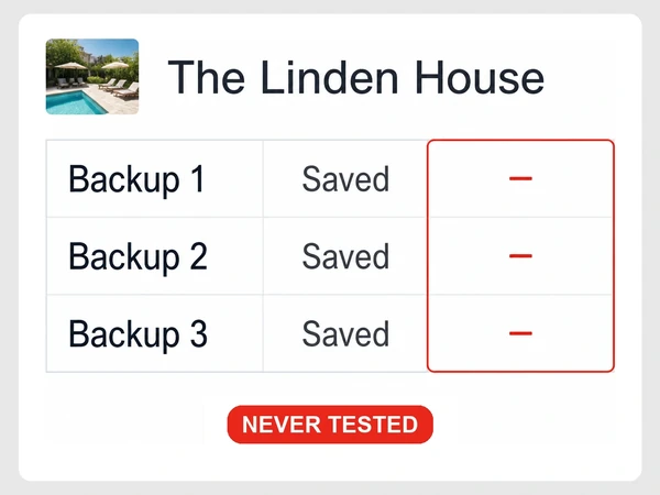 The Linden House backup table marks three backups saved but leaves Restore tested as a red dash.