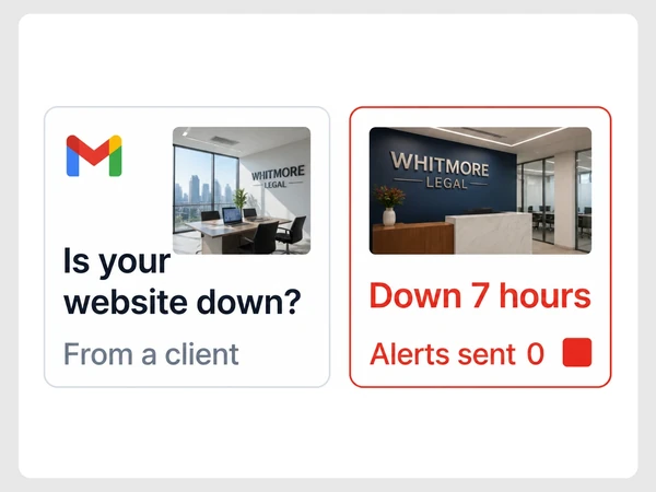Whitmore Legal client Gmail reports the website down while uptime shows seven hours down and zero alerts.
