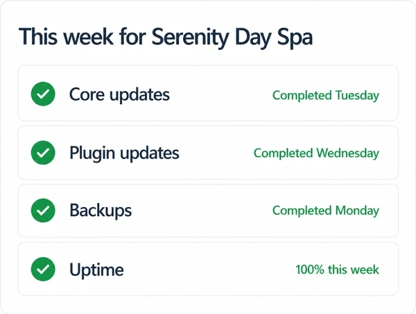A site health panel with core updates, plugin updates, backups and uptime all ticked