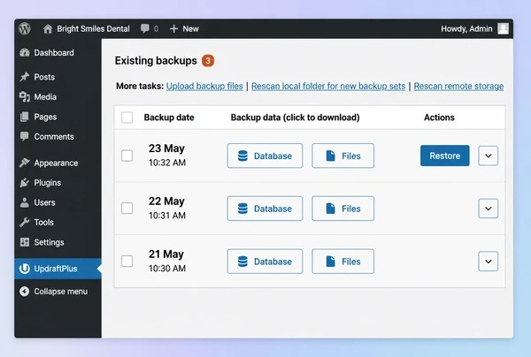 An UpdraftPlus panel listing three nightly backups with a restore button on the newest