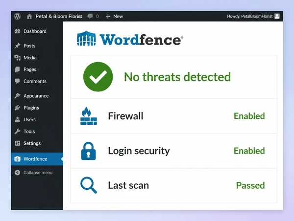 A Wordfence dashboard reporting no threats with firewall, login security and scan status