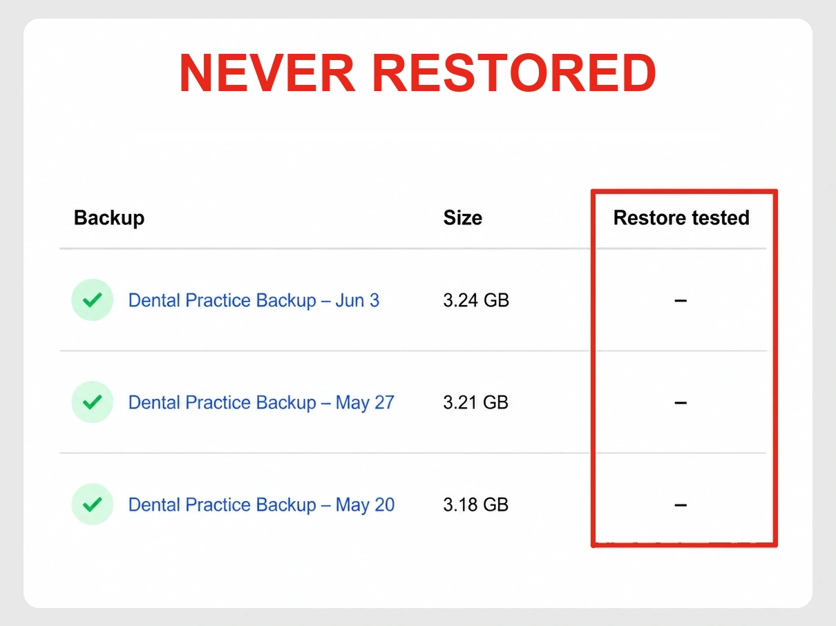 Three completed backups whose Restore tested column is a column of dashes