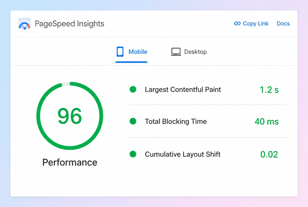 A PageSpeed Insights result with a performance score and three measured loading metrics