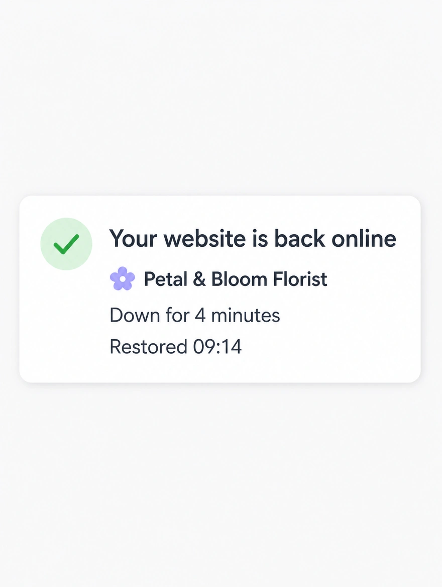 A phone notification saying a florist website is back online after four minutes down