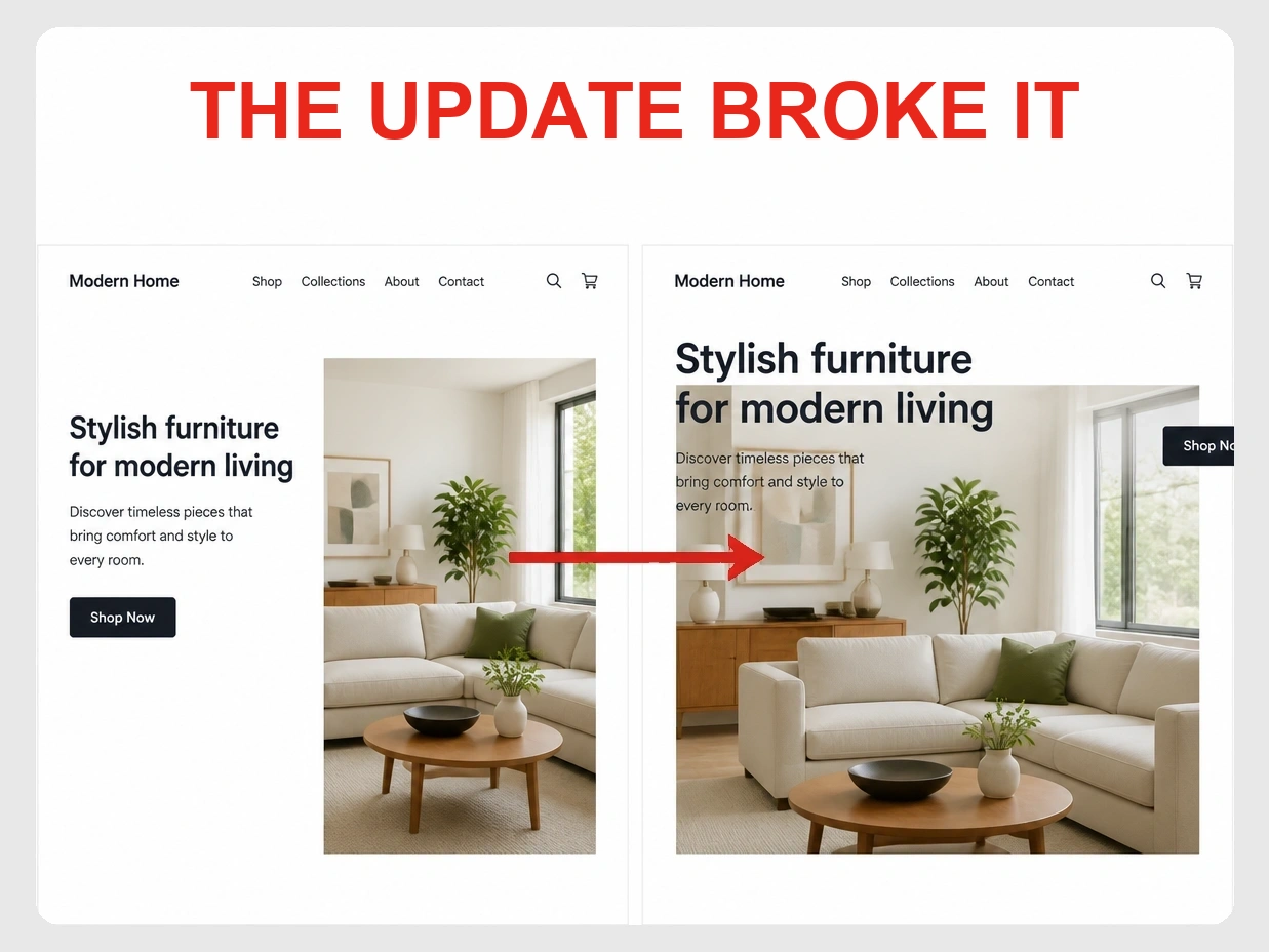 A showroom page shown correct beside the same page collapsed after an update