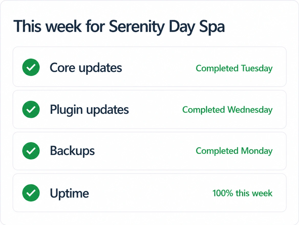 A site health panel with core updates, plugin updates, backups and uptime all ticked