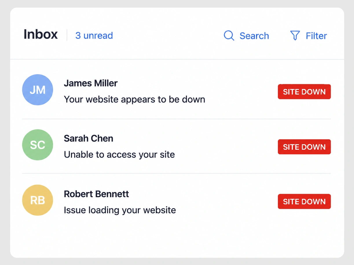 Three unread customer messages telling a merchant the website is down
