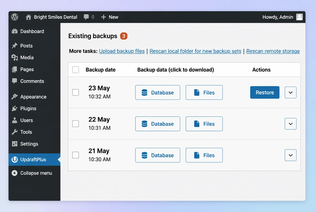An UpdraftPlus panel listing three nightly backups with a restore button on the newest