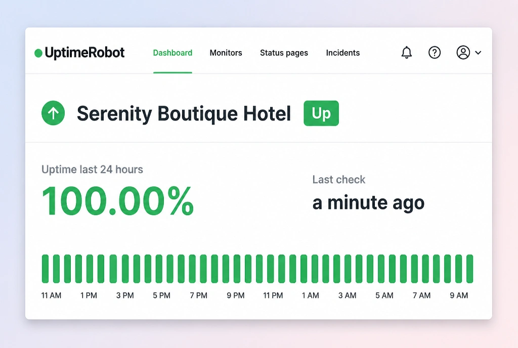 An UptimeRobot monitor showing a site up, its uptime percentage and a row of daily status bars