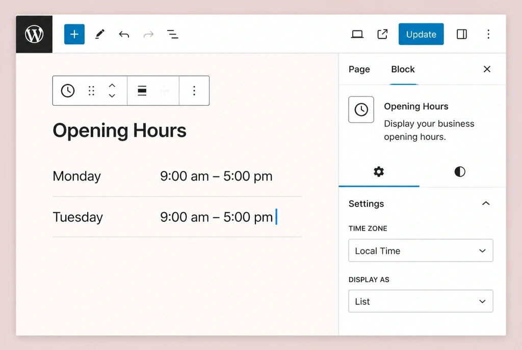 The WordPress block editor with an opening hours block being edited and an update button