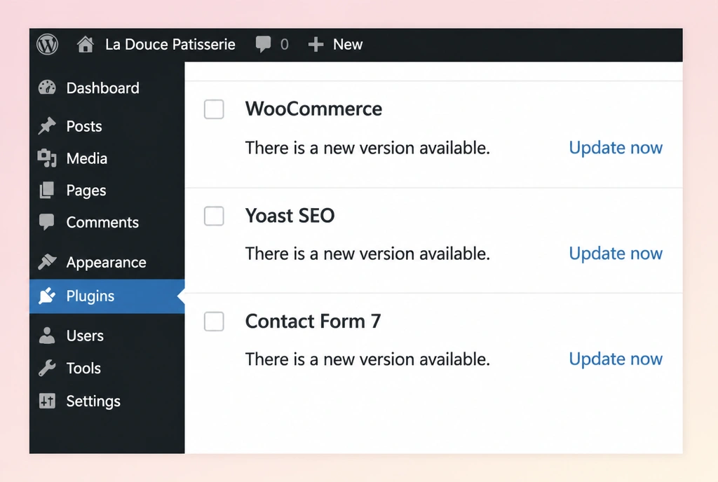 A WordPress plugins screen with three plugins each offering a new version to update