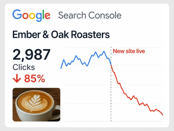 Ember & Oak Roasters Google Search Console clicks drop steeply after the New site live marker.