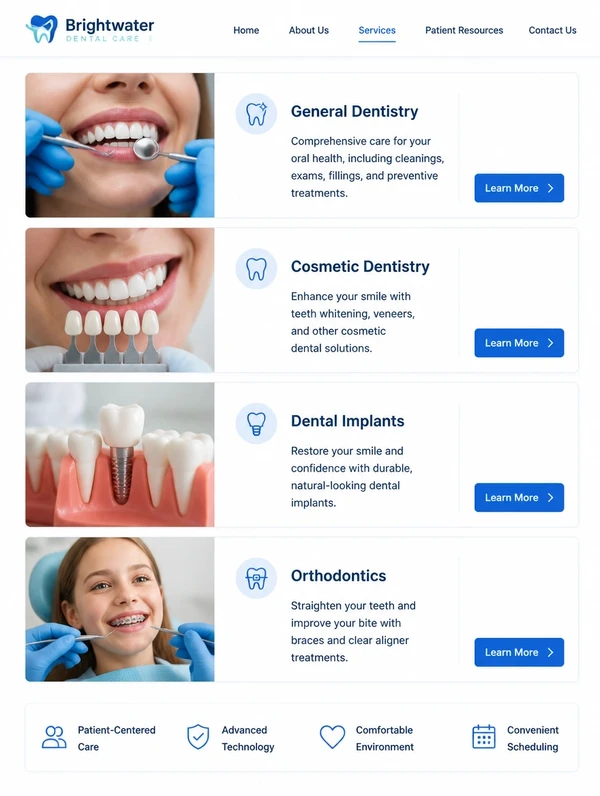A dental clinic services page with a separate page listed for each treatment