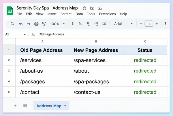 A Google Sheets redirect map for a day spa website with four old and new addresses