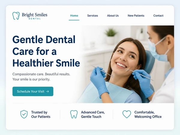 A modernised dental practice home page with a clear headline, one photograph and one button