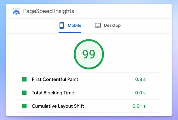 A PageSpeed Insights report for a ceramics studio page with a green score and three timings