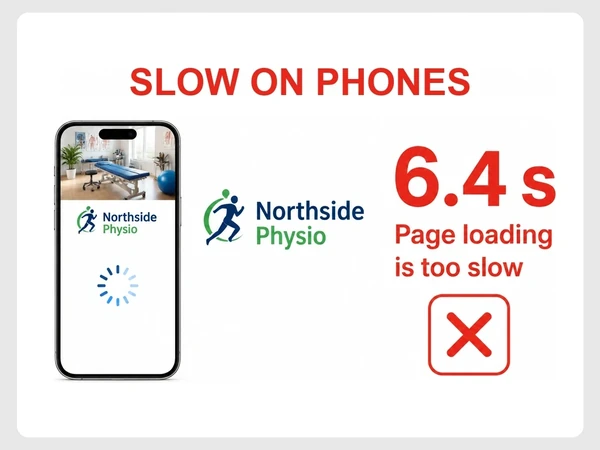 Northside Physio phone page remains completely blank and loading at 6.4 seconds.