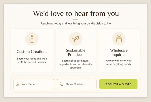 A rebuilt candle maker page ending in a contact strip with two fields and one button