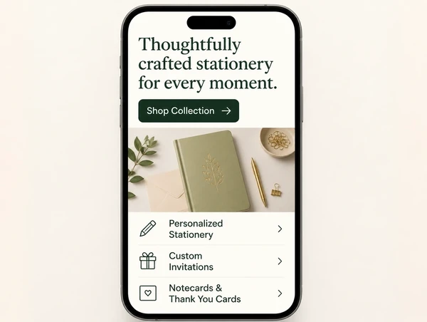 A rebuilt stationery brand page shown at phone width with large type and one button