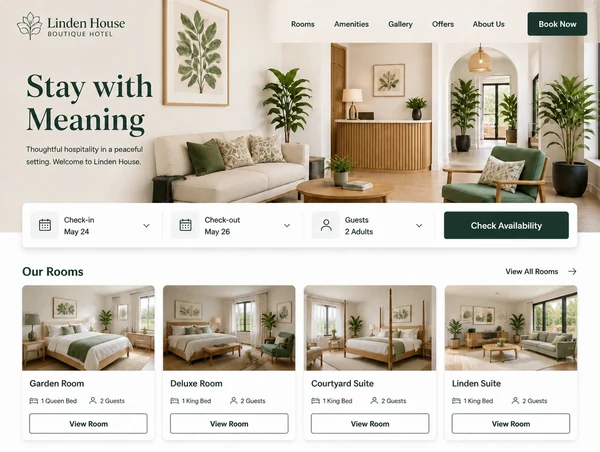 A redesigned boutique hotel homepage with a room booking search and room cards
