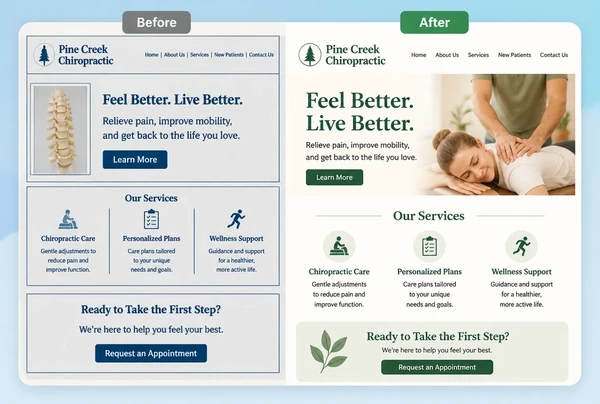 The same chiropractic clinic page shown twice, dated styling beside its refreshed design