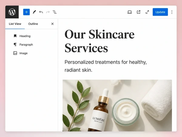 A WordPress editor open on a skincare brand services page with three content blocks