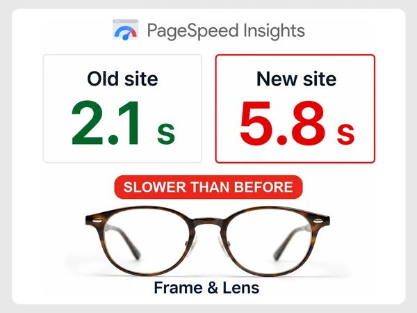 Frame & Lens PageSpeed comparison shows its new site at 5.8 seconds versus the old site at 2.1 seconds.
