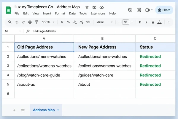 A Google Sheets redirect map for a luxury watches website with four old and new addresses