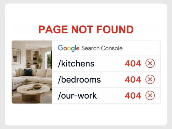 Halden Interiors Google Search Console marks its kitchens, bedrooms, and our-work addresses as 404 pages.