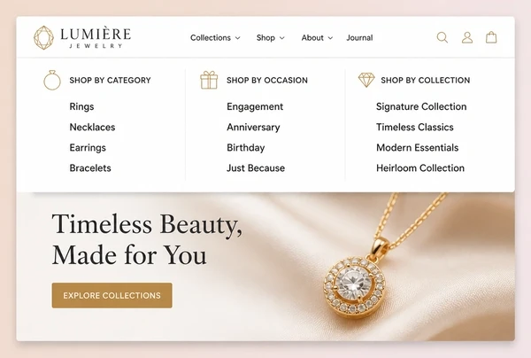 A jewellery boutique website with its menu open, pages regrouped into three labelled columns