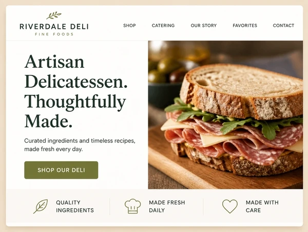 A modernised delicatessen home page with a clear headline, one photograph and one button