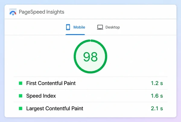 A PageSpeed Insights report for an eyewear brand page with a green score and three timings