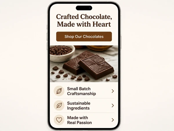 A rebuilt chocolate maker page shown at phone width with large type and one button